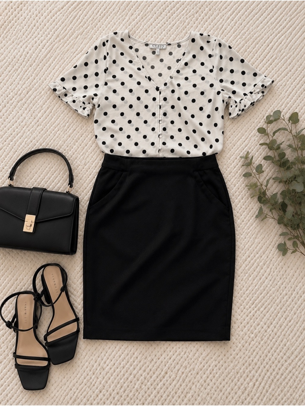 ✨ Classic Chic Outfit Bundle – Polka Dot Blouse (S) + Black Pencil Skirt (6) ✨